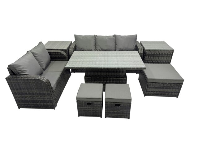 Rackhams Rattan Garden Furniture Dining Set 8 seater Patio Height Adjustable Rising Table Sofa Set with 3 Footstools 2 Side Tables Dark Grey Mixed - image 1