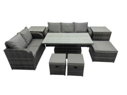 Rackhams Rattan Garden Furniture Dining Set 8 seater Patio Height Adjustable Rising Table Sofa Set with 3 Footstools 2 Side Tables Dark Grey Mixed - thumbnail 1