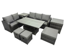 Rackhams Rattan Garden Furniture Dining Set 8 seater Patio Height Adjustable Rising Table Sofa Set with 3 Footstools 2 Side Tables Dark Grey Mixed - thumbnail 2