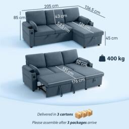 Rackhams Corner Sofa Bed, L Shaped Sofa with Storage Chaise, USB Ports - Grey - thumbnail 4