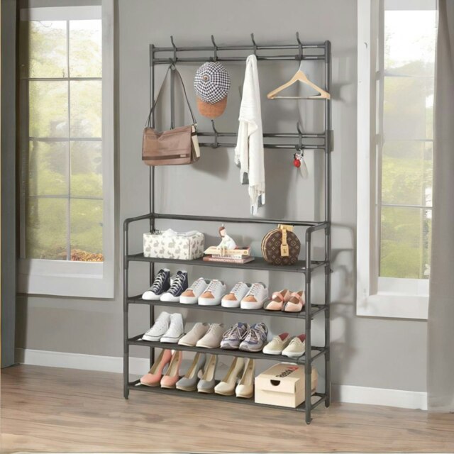 Rackhams Wide Industrial Metal Hall Tree Shoe Rack with Clothes Hangers Black - image 1