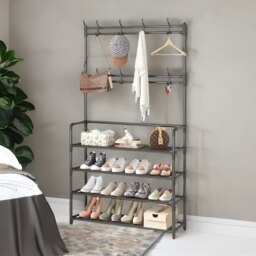 Rackhams Wide Industrial Metal Hall Tree Shoe Rack with Clothes Hangers Black - thumbnail 2