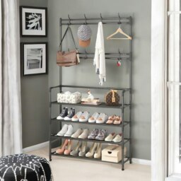 Rackhams Wide Industrial Metal Hall Tree Shoe Rack with Clothes Hangers Black - thumbnail 3