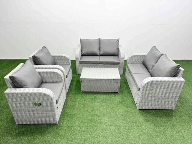 Rackhams 6 Seater Outdoor Reclining Chair Love Sofa Set Rattan Garden Furniture Set with Rectangular Coffee Table Light Grey - image 1
