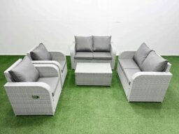 Rackhams 6 Seater Outdoor Reclining Chair Love Sofa Set Rattan Garden Furniture Set with Rectangular Coffee Table Light Grey - thumbnail 1