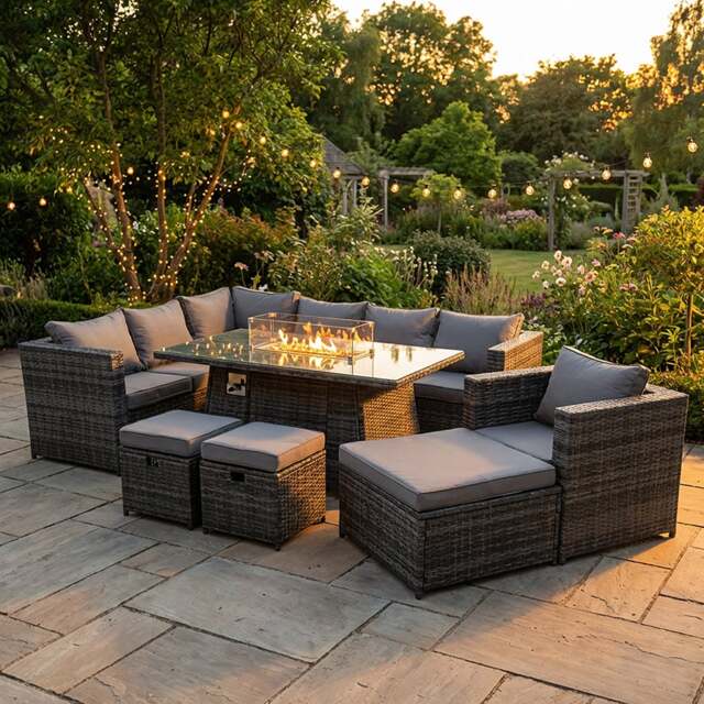 Rackhams 10 Seater Rattan Garden Furniture Set with Gas Fire Pit Dining Table, Armchair, Corner Sofa & 3 Stools - Dark Grey Mixed - image 1
