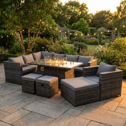 Rackhams 10 Seater Rattan Garden Furniture Set with Gas Fire Pit Dining Table, Armchair, Corner Sofa & 3 Stools - Dark Grey Mixed - thumbnail 1