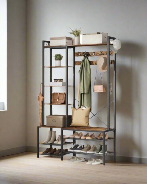Rackhams Hall Tree with Bench Shoe Rack 9 Hooks and 5 Shelves Vintage Entryway Coat Stand Storage Unit - image 1