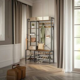 Rackhams Hall Tree with Bench Shoe Rack 9 Hooks and 5 Shelves Vintage Entryway Coat Stand Storage Unit - thumbnail 6