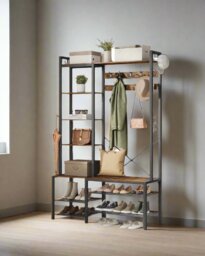 Rackhams Hall Tree with Bench Shoe Rack 9 Hooks and 5 Shelves Vintage Entryway Coat Stand Storage Unit