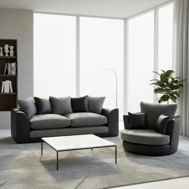 Rackhams Cheswick Living Room Furniture Range - Black / Grey - 3 Seater + Swivel Chair - image 1