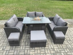 Rackhams 9 Seater Outdoor Rattan Furniture Garden Dining Set Gas Fire Pit Table with Love Sofa 3 Footstools Dark Grey Mixed - thumbnail 1