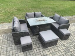 Rackhams 9 Seater Outdoor Rattan Furniture Garden Dining Set Gas Fire Pit Table with Love Sofa 3 Footstools Dark Grey Mixed - thumbnail 2