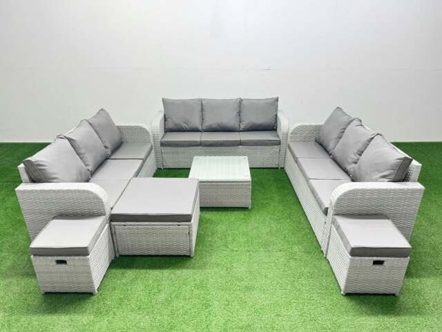 Rackhams PE Rattan Lounge Sofa Set 12 Seater Outdoor Garden Furniture Set with Square Coffee Table 3 Seater Sofa 3 Stools Light Grey - image 1