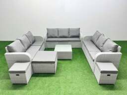 Rackhams PE Rattan Lounge Sofa Set 12 Seater Outdoor Garden Furniture Set with Square Coffee Table 3 Seater Sofa 3 Stools Light Grey - thumbnail 1