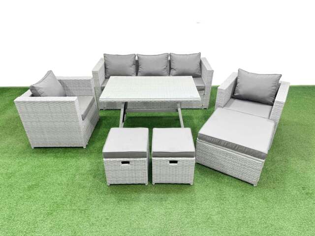 Rackhams 8 Pieces Outdoor PE Rattan Sofa Armchair Set Patio Garden Furniture Sets with Cushions 3 Stools Light Grey - image 1