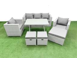 Rackhams 8 Pieces Outdoor PE Rattan Sofa Armchair Set Patio Garden Furniture Sets with Cushions 3 Stools Light Grey - thumbnail 1