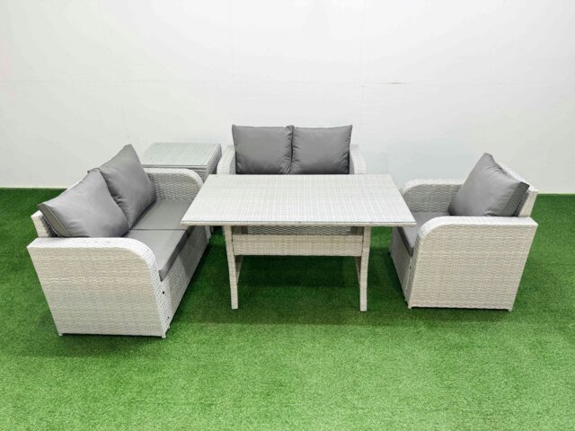 Rackhams High Back Poly Rattan Garden Furniture Set - Light Grey Indoor/Outdoor Patio Set with Reclining Chair & Rectangular Dining Table - image 1