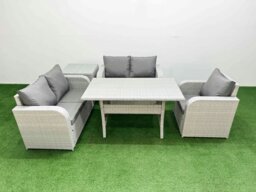 Rackhams High Back Poly Rattan Garden Furniture Set - Light Grey Indoor/Outdoor Patio Set with Reclining Chair & Rectangular Dining Table - thumbnail 1