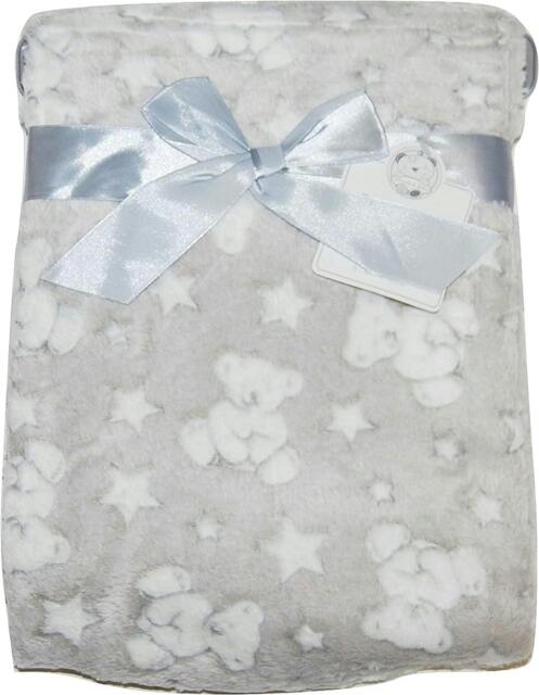 Rackhams Soft Fleece Wrap Blanket - Soft Unisex Pram Cot Crib Moses Basket Teddy and Stars Print Gift Set for Newborn, Babies, Girl/Boy, Infant - 75x100 CM - Grey - image 1