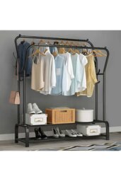 Rackhams Metal Clothes Rack Freestanding Double-Rod Cloak Rack - Black - thumbnail 2