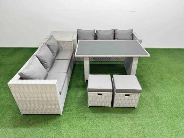 Rackhams Rattan Garden Furniture Dining Set 8 seater Patio Rectangular Table Sofa Set with Side Table 2 Small Stools Light Grey - image 1