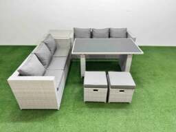 Rackhams Rattan Garden Furniture Dining Set 8 seater Patio Rectangular Table Sofa Set with Side Table 2 Small Stools Light Grey
