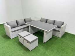 Rackhams Rattan Garden Furniture Dining Set 8 seater Patio Rectangular Table Sofa Set with Side Table 2 Small Stools Light Grey - thumbnail 2