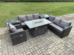 Rackhams Rattan Outdoor Furniture Gas Fire Pit Rectangle Dining Table Gas Heater Reclining Chair 3 Seater Sofa Sets with 2 Side Tables 7 Seater - thumbnail 1