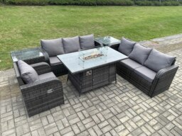Rackhams Rattan Outdoor Furniture Gas Fire Pit Rectangle Dining Table Gas Heater Reclining Chair 3 Seater Sofa Sets with 2 Side Tables 7 Seater - thumbnail 2
