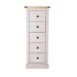 Rackhams Loreo 5 Drawer Narrow Chest of Drawers Brass Knob - Light Grey