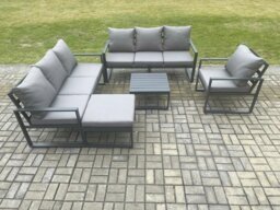 Rackhams Aluminium 8 Seater Outdoor Garden Furniture Lounge Sofa Set with Square Coffee Table Chair Big Footstool Dark Grey - thumbnail 2