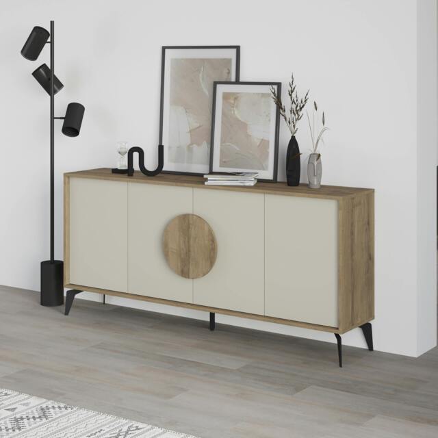 Rackhams Gora Particleboard 4 Door Sideboard with Metal Legs (W) 180cm - Sandstone Dark Oak Effect - image 1