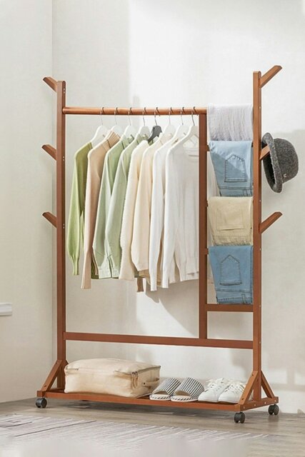 Rackhams Bamboo Clothes Rack Coat Garment Holder with Bottom Shelf Shoe Clothing Organizer - Brown - image 1