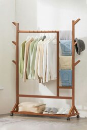 Rackhams Bamboo Clothes Rack Coat Garment Holder with Bottom Shelf Shoe Clothing Organizer - Brown