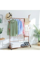 Rackhams Bamboo Clothes Rack Coat Garment Holder with Bottom Shelf Shoe Clothing Organizer - Brown - thumbnail 4