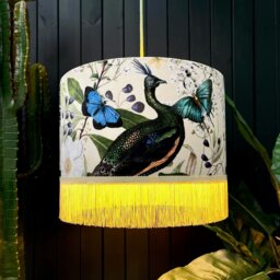 "Rackhams Parchment Mythical Plumes Velvet Lampshade With Gold Lining and Fringing - Ceiling Pendant / Arc Lamp - 30cm Diameter x 25cm Height (12"" x 10"")" - thumbnail 2