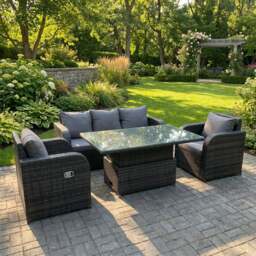 Rackhams 5 Seater Rattan Outdoor Garden Furniture Set with Adjustable Dining or Coffee Table, Sofa, 2 Reclining Chairs - Dark Grey
