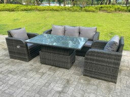 Rackhams 5 Seater Rattan Outdoor Garden Furniture Set with Adjustable Dining or Coffee Table, Sofa, 2 Reclining Chairs - Dark Grey - thumbnail 2