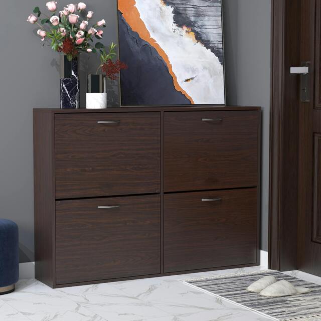 Rackhams Wooden Shoes Cabinet Multi Flip Down Shelf Drawer Organizer - Dark Brown - Dark Brown