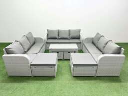 Rackhams Outdoor Garden Furniture Set PE Rattan 3 Seater Sofa Set with Oblong Coffee Table 4 Footstools Light Grey - thumbnail 1