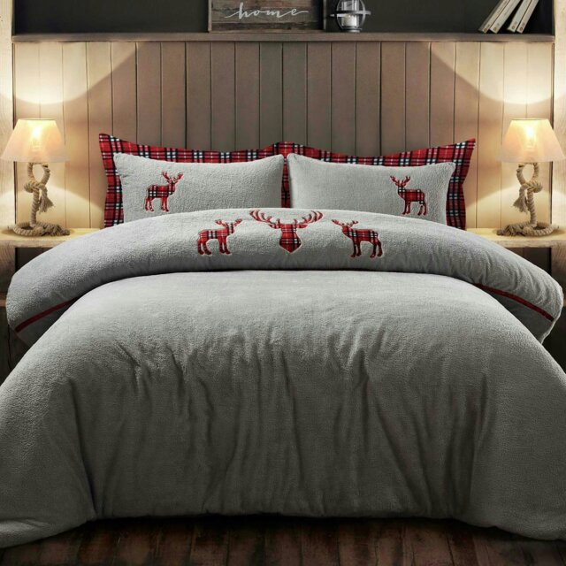 Rackhams Standing Stag Teddy Fluffy and Warm Fleece Duvet Cover Set - Silver - Single
