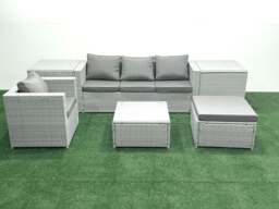 Rackhams Garden Outdoor Furniture Set 5 Seater Rattan Sofa Set with Big Footstool Armchair 2 Side Tables Light Grey Mixed - thumbnail 2