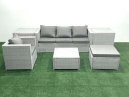 Rackhams Garden Outdoor Furniture Set 5 Seater Rattan Sofa Set with Big Footstool Armchair 2 Side Tables Light Grey Mixed - thumbnail 1