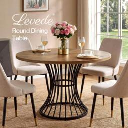 Rackhams Round Dining Table for 4-6 People 30mm MDF Metal Base Kitchen Brown - thumbnail 2