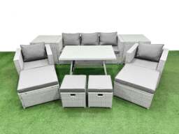 Rackhams 10 Pieces Outdoor PE Rattan Sofa Armchair Set Patio Garden Furniture Sets with Cushions 2 Side Tables 4 Stools Light Grey - thumbnail 1