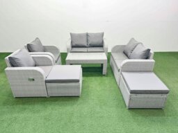 Rackhams 8 Seater Outdoor Reclining Chair Love Sofa Set Rattan Garden Furniture Set with Oblong Coffee Table 2 Big FootStools Light Grey - thumbnail 1