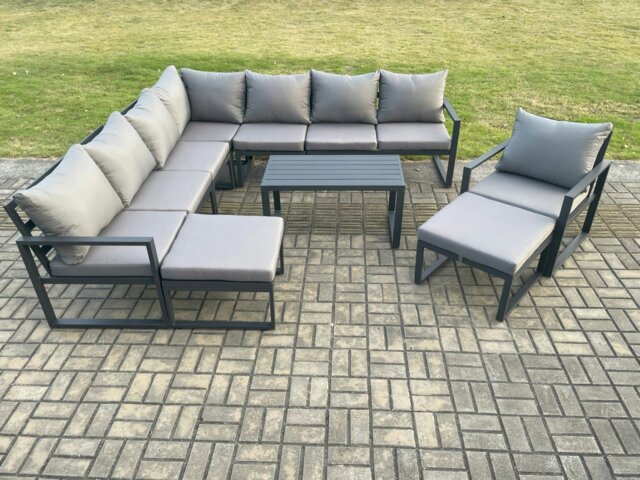 Rackhams Aluminium Outdoor Garden Furniture Set Lounge Corner Sofa Chair Oblong Coffee Table Sets with 2 Big Footstools Dark Grey