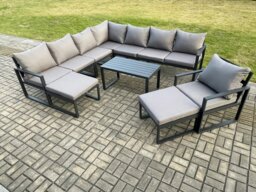 Rackhams Aluminium Outdoor Garden Furniture Set Lounge Corner Sofa Chair Oblong Coffee Table Sets with 2 Big Footstools Dark Grey - thumbnail 2