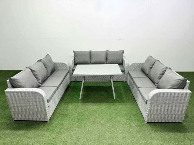 Rackhams 9 Seat Outdoor PE Rattan Garden Furniture with Cushions 3 Seater Sofa Light Grey - image 1